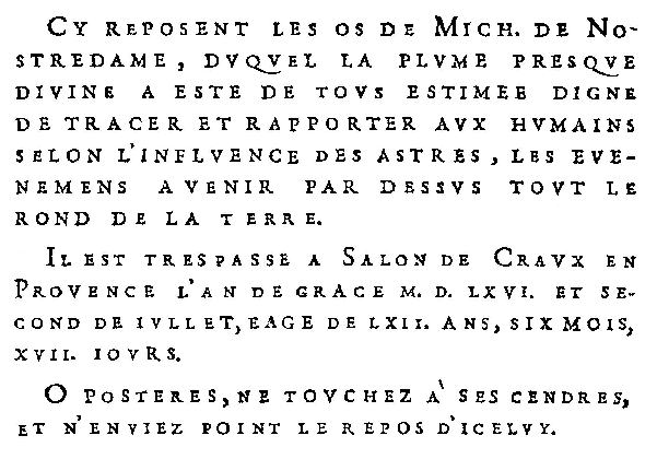 Inscription en français du tombeau Nostradamus (Chavigny)